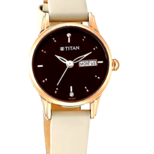 Titan Women's Analog Watch with Day-Date Display, Brown Dial, and Elegant Beige Leather Strap.