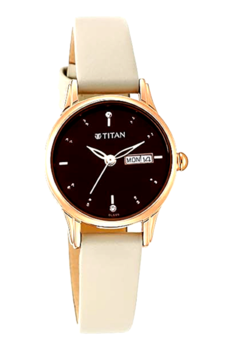 Titan (women) 4 Titan Women's Analog Watch with Day-Date Display, Brown Dial, and Elegant Beige Leather Strap.
