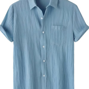 Light blue short-sleeve button-up shirt with crinkled fabric texture, a chest pocket, and rolled-up sleeves.