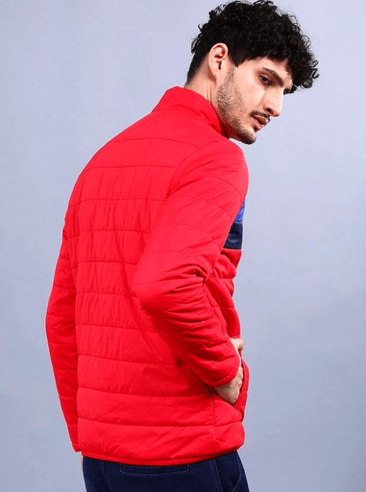 Men's jacket for winter 3 Back view of a red puffer jacket from The Indian Garage Co. with a quilted pattern and high-quality design.
