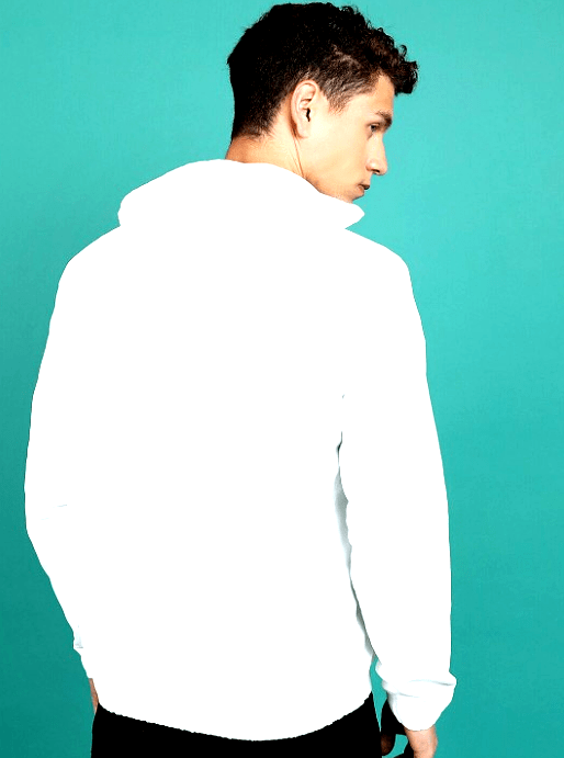 HIGHLANDER 4 Back view of a white Highlander hooded bomber jacket with long sleeves, showcasing a clean and minimalistic design.