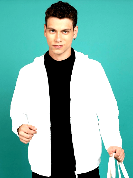 HIGHLANDER 3 Close-up of a man wearing a white Highlander hooded bomber jacket with long sleeves, styled with a black turtleneck and casual accessories.