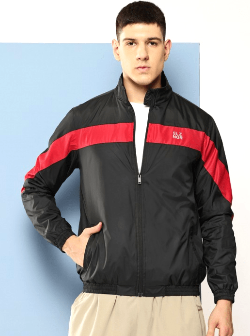 Men's jacket for winter 4 Front view of a black Slazenger jacket with red stripe detailing and a high collar.