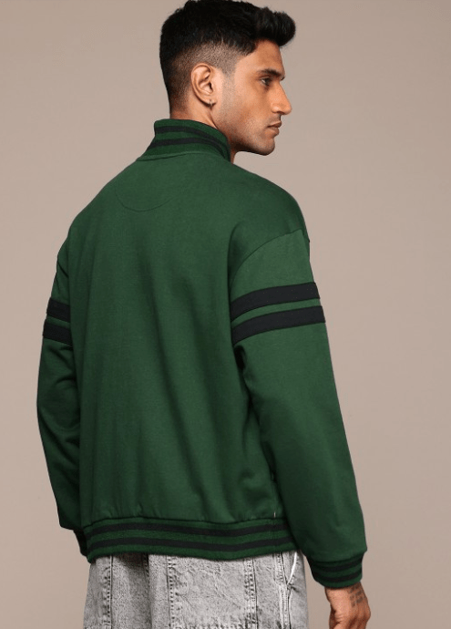 Men's jacket for winter 7 Back view of a green varsity jacket with black striped detailing on the sleeves.