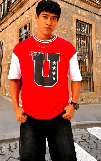 Kook N Keech Oversized Red T-Shirt with U Graphic – Front View Kook N Keech Men's Red Oversized T-Shirt – U Graphic Print Design