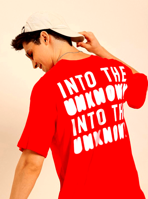 HERE&NOW INTO THE UNKNOWN Red Oversized T-Shirt – Back View HERE&NOW Men's Red Oversized T-Shirt – INTO THE UNKNOWN Graphic Print