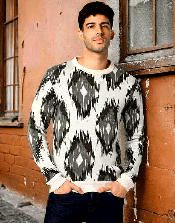 DNMX Patterned Sweater – Front View DNMX Men's Patterned Sweater – Front View with Bold Abstract Print