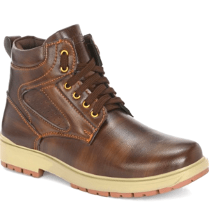 Side view of Roadster brown boots with a sleek design and yellow eyelets.