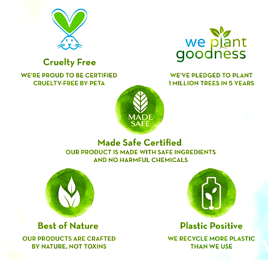 Mamaearth (women) 4 Mamaearth certifications highlighting cruelty-free, plastic-positive, and Made Safe Certified features.