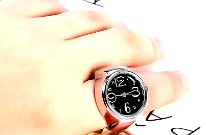 Thrillz (unisex) 4 Silver ring watch with a black dial and bold white numerals worn on a finger.