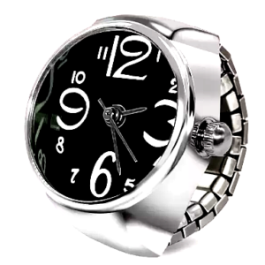 Close-up view of a silver ring thrillz watch with a black dial and white numerals.