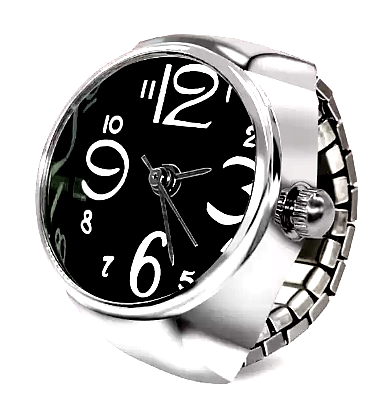 Thrillz (unisex) 3 Close-up view of a silver ring watch with a black dial and white numerals.