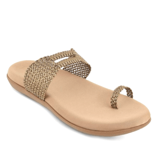 Side view of WALKWAY by Metro tan sandals showing the toe ring design and cushioned footbed.